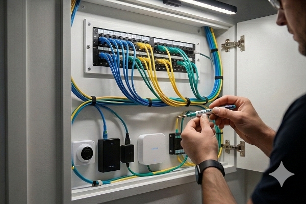 專業智慧居家弱電箱配線實況：整齊的網路線、監控系統與數位串聯控制設備佈線。